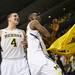 Michigan freshman Mitch McGary and junior Tim Hardaway Jr. celebrate beating VCU 78-53, in the third round of the NCAA tournament at the Palace in Auburn Hills on Saturday, March 23, 2013. Melanie Maxwell I AnnArbor.com